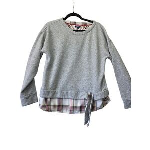 IZOD Womens Grey Marled Layered Plaid Hem Sweatshirt Side Tie Top Large 1363037